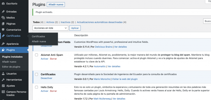 Tipo de contenido creado al activar el plugin